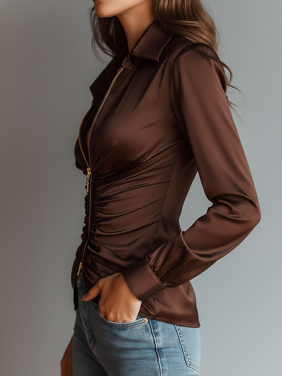 Luxe Mocha Satin Ruched Zip-Up Blouse
