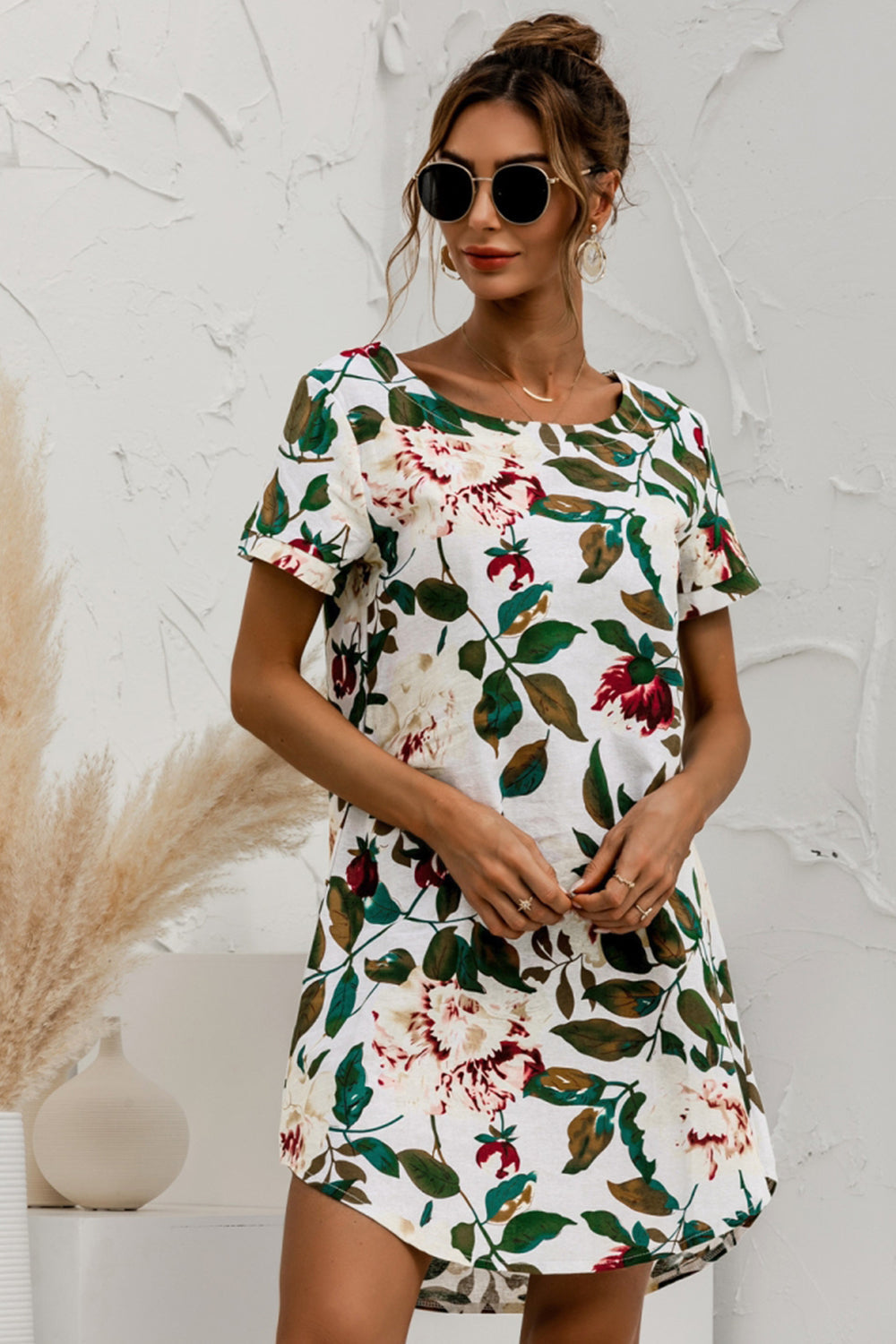 Round Neck Flower Print Dress - Fashionpara