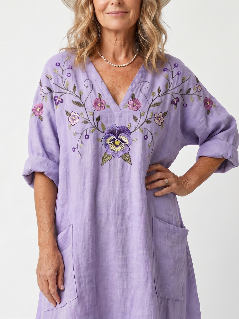 Floral Embroidered V-Neck Pocket Midi Dress 3