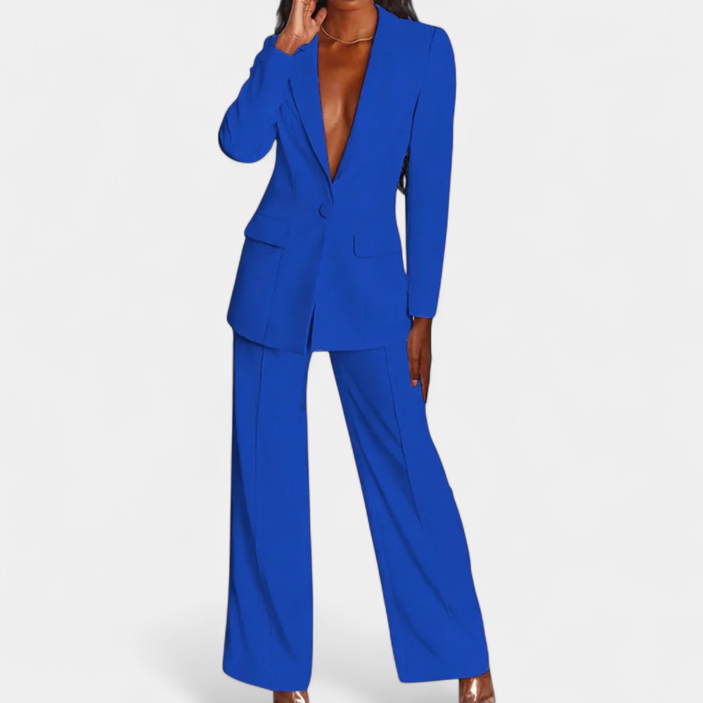 Deep V Single Button Blazer and Wide Leg Pants Two Piece Suit Set 3