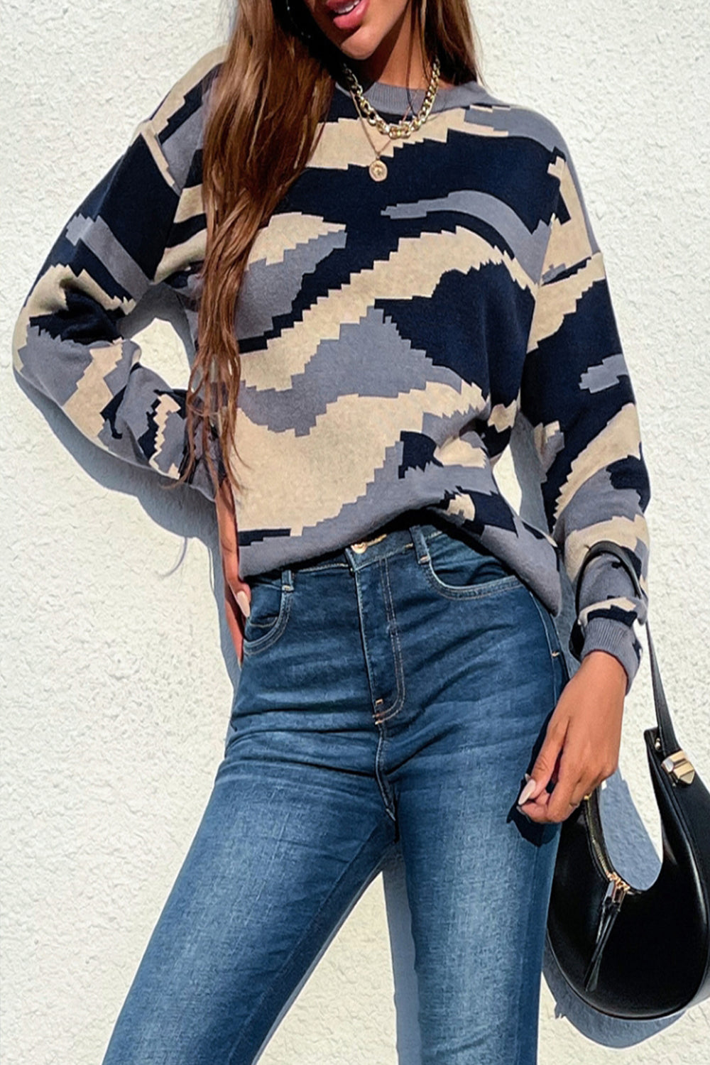 RadyRin Round Neck Camouflage Leopard Print Sweater