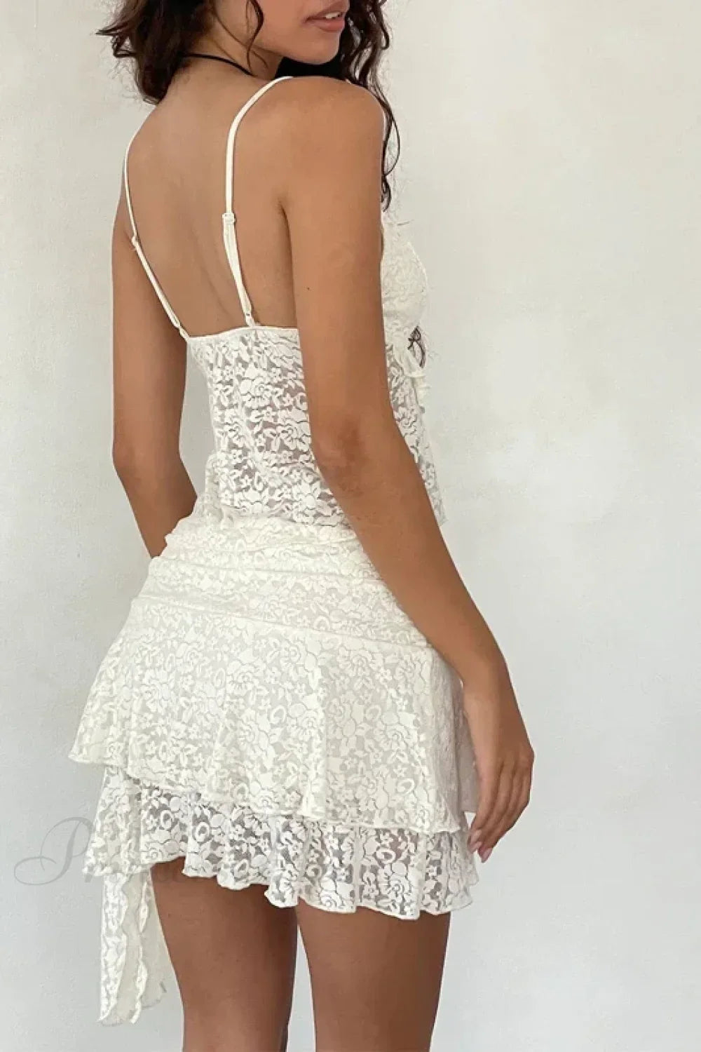 2 Piece Lace Sheer Outfits Flower Layered Crop Camis Tops + High Waist Irregular Hem Mini Skirt Party Club Night Matching Set