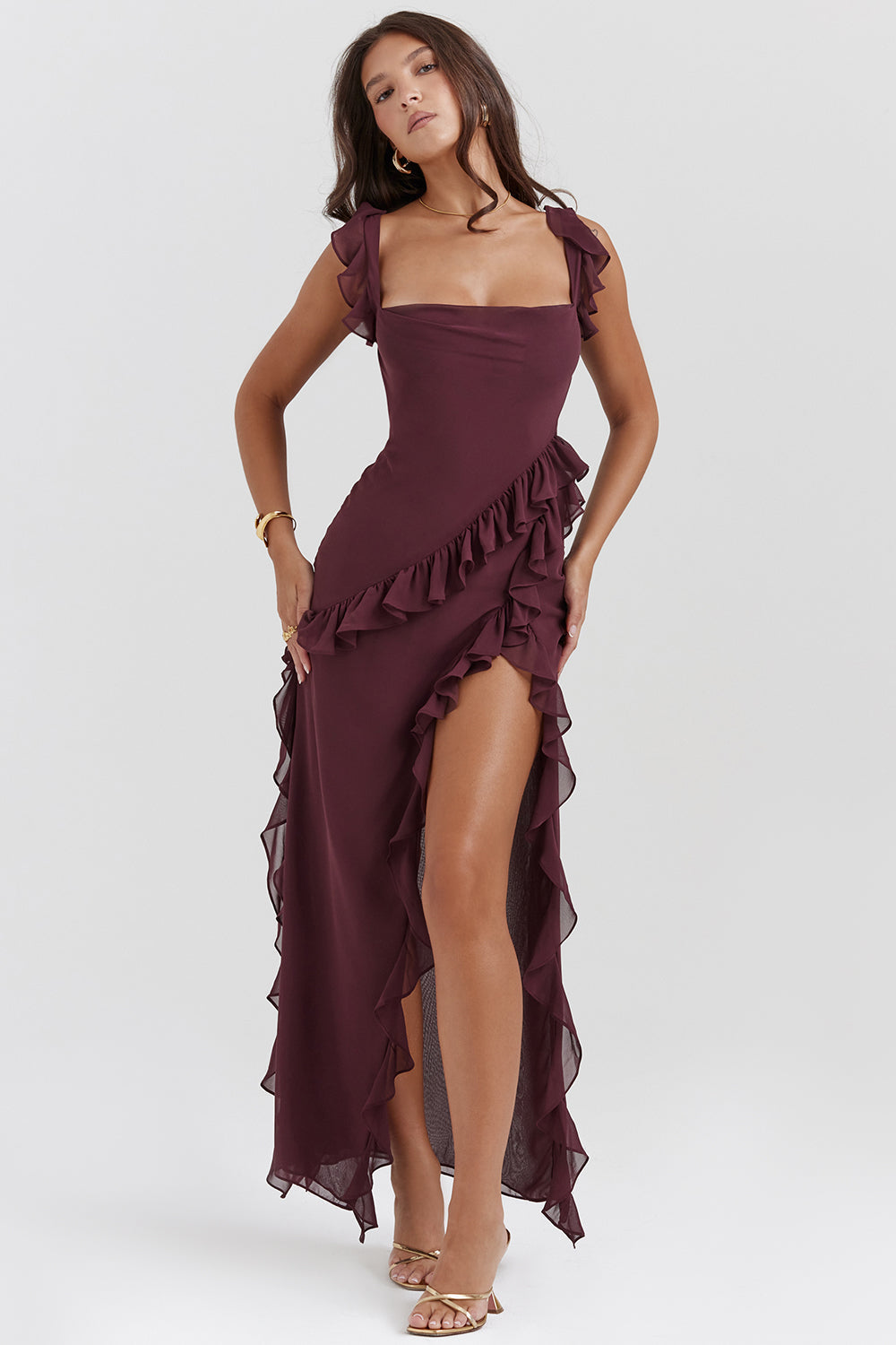 Square Neck Ruffle Strap High Split Asymmetrical Cascade Maxi Dress - View 2