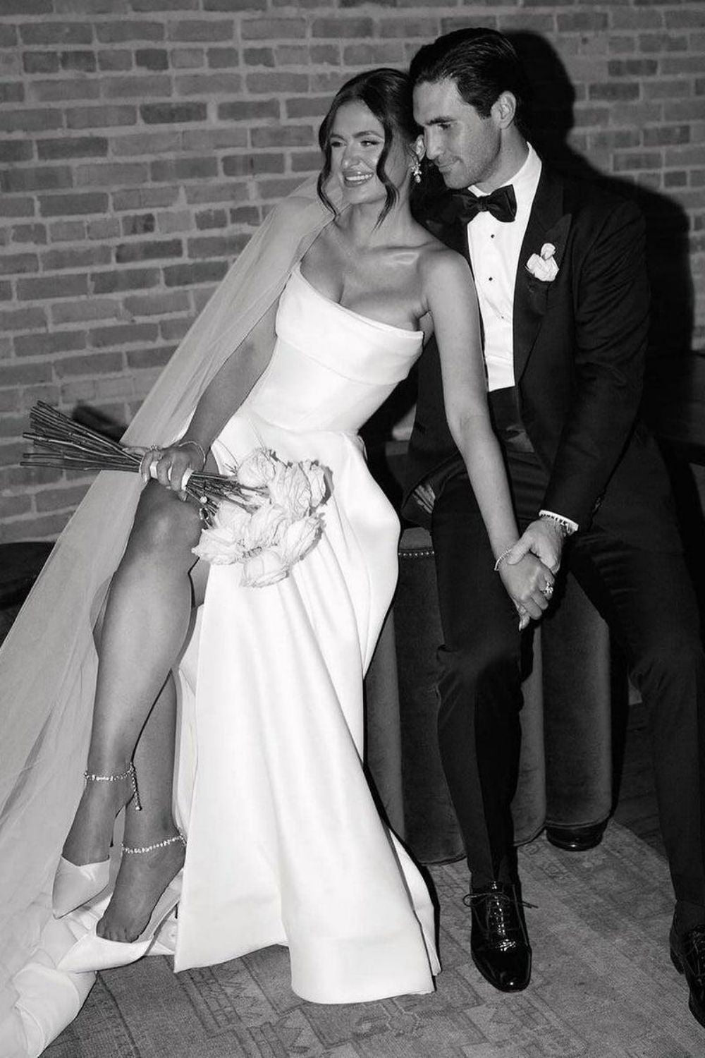 Elegant A Line Strapless White Long Bridal Dress with Split Front - Fashionpara