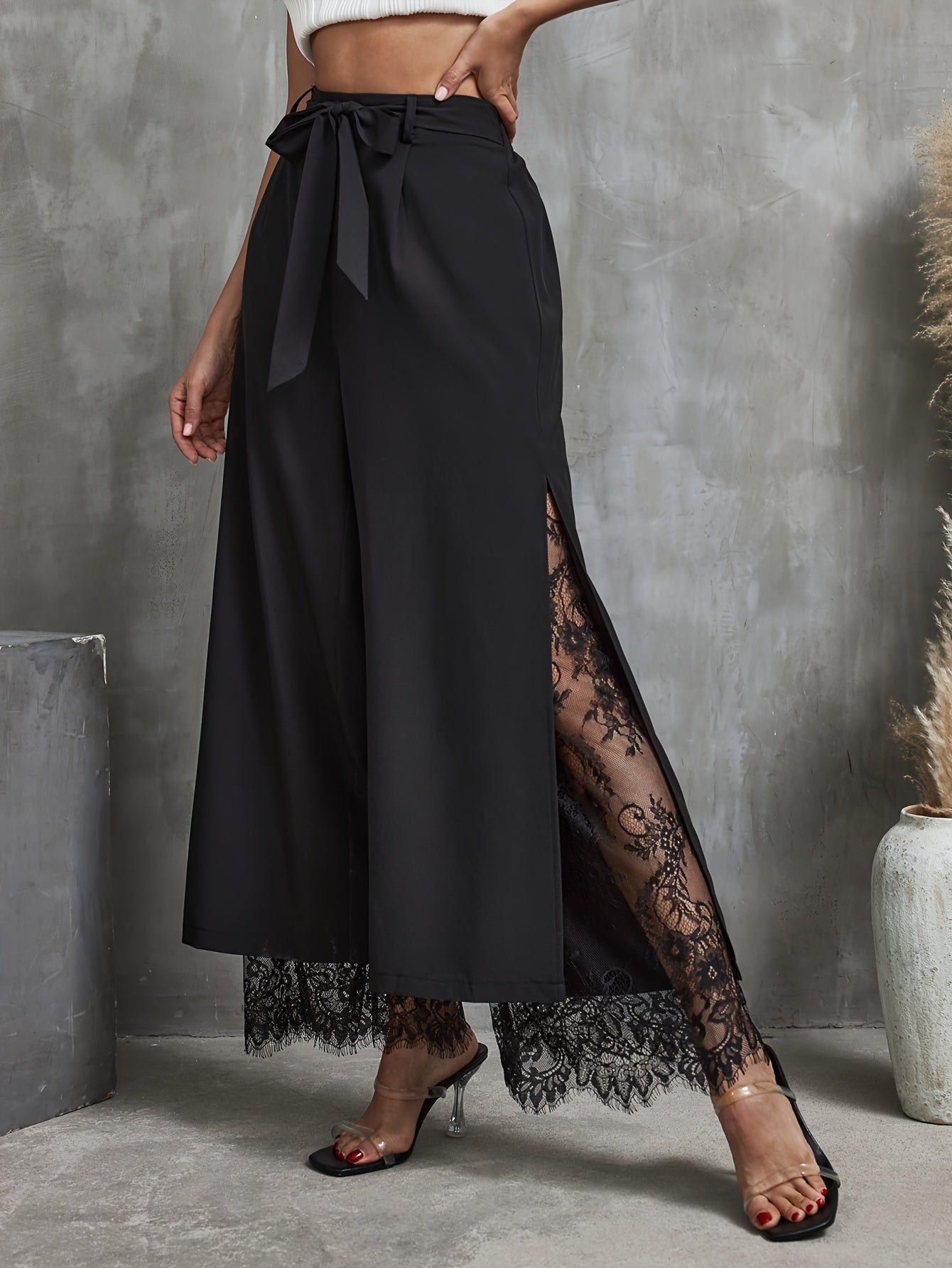 Elegant Lace Trim Elastic Waist Wide-Leg Palazzo Pants