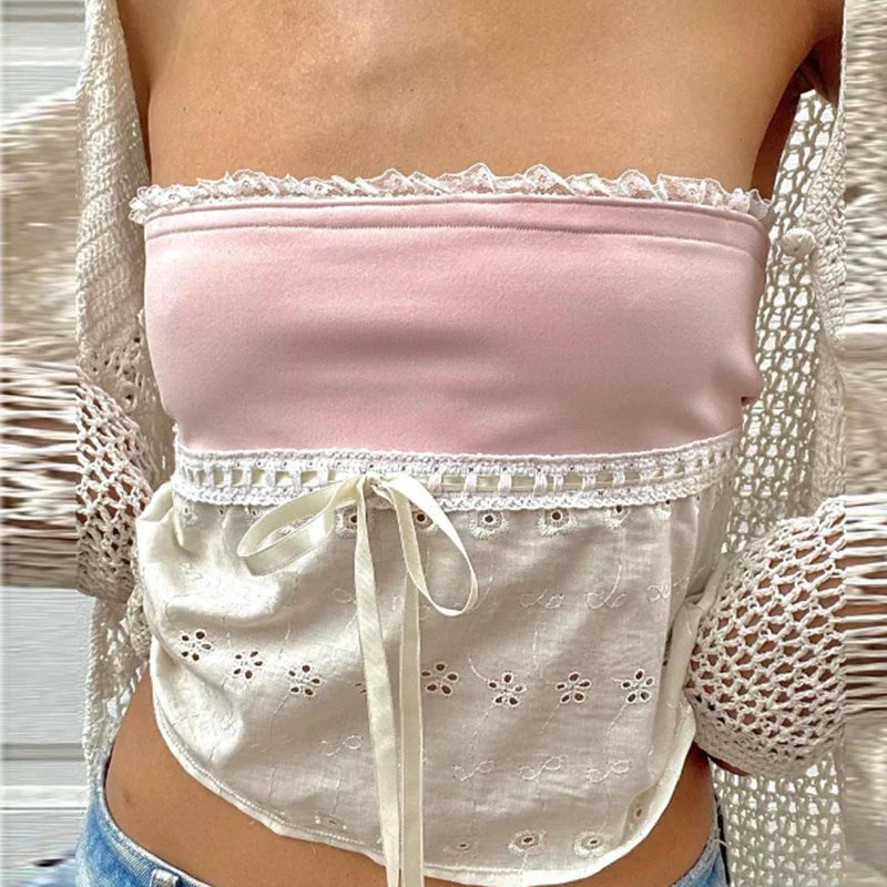 Retro Lace Trim Strapless Tube Crop Top