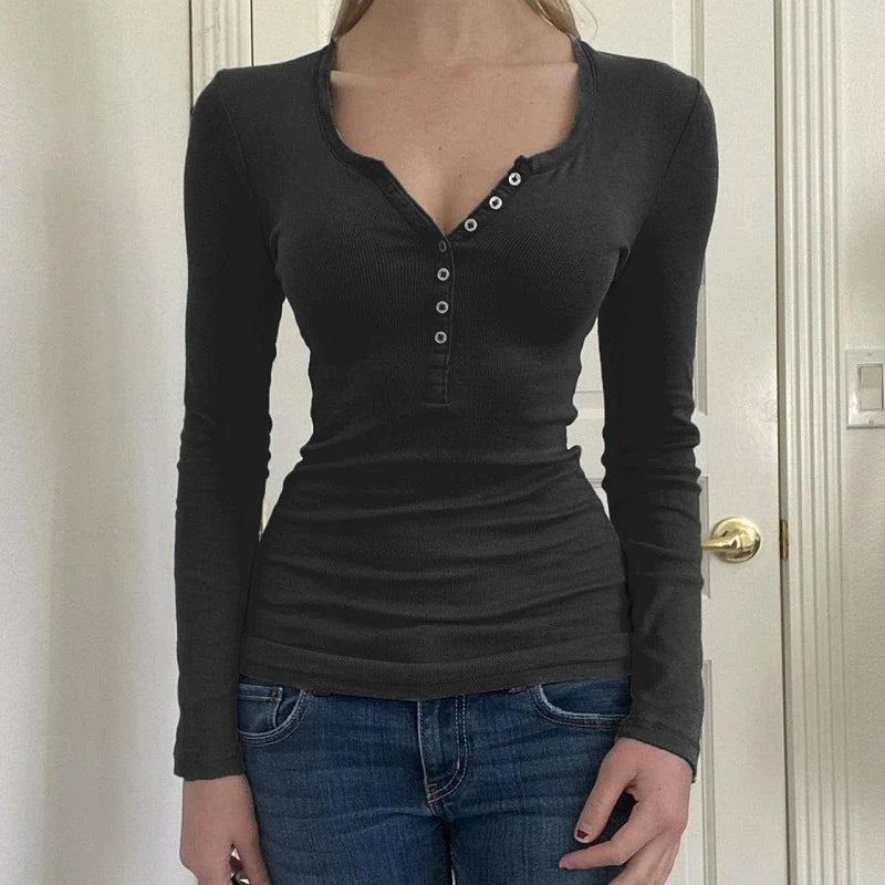 Vintage Y2K Basic Crop Top Grunge Button Slim Fit Knit Top