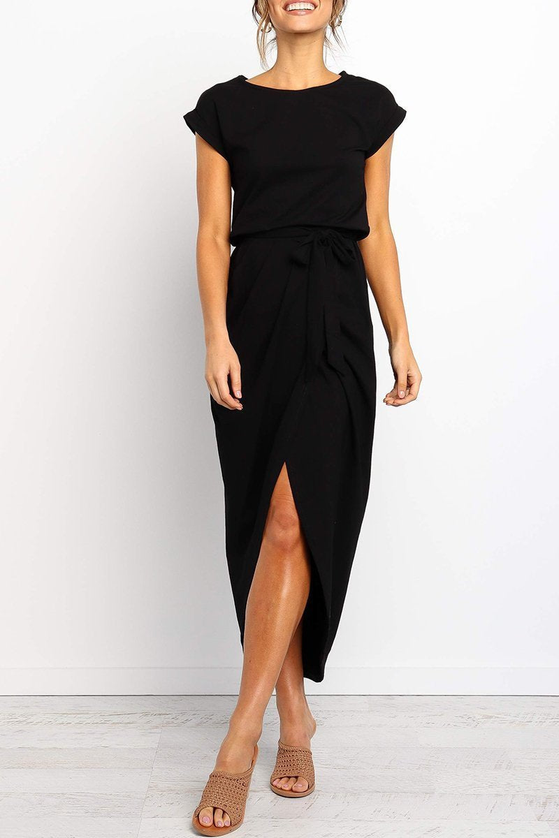Short Sleeve Tie Waist Wrap Tulip Hem Midi Dress - View 5