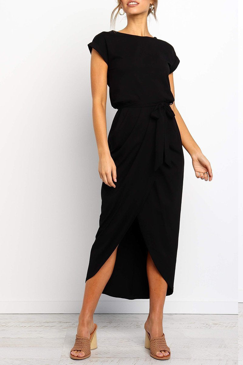 Short Sleeve Tie Waist Wrap Tulip Hem Midi Dress - View 13