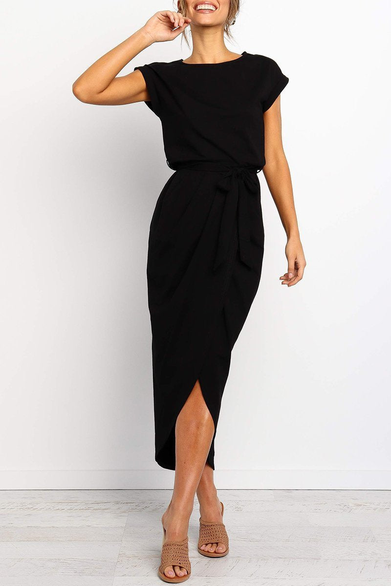 Short Sleeve Tie Waist Wrap Tulip Hem Midi Dress - View 6