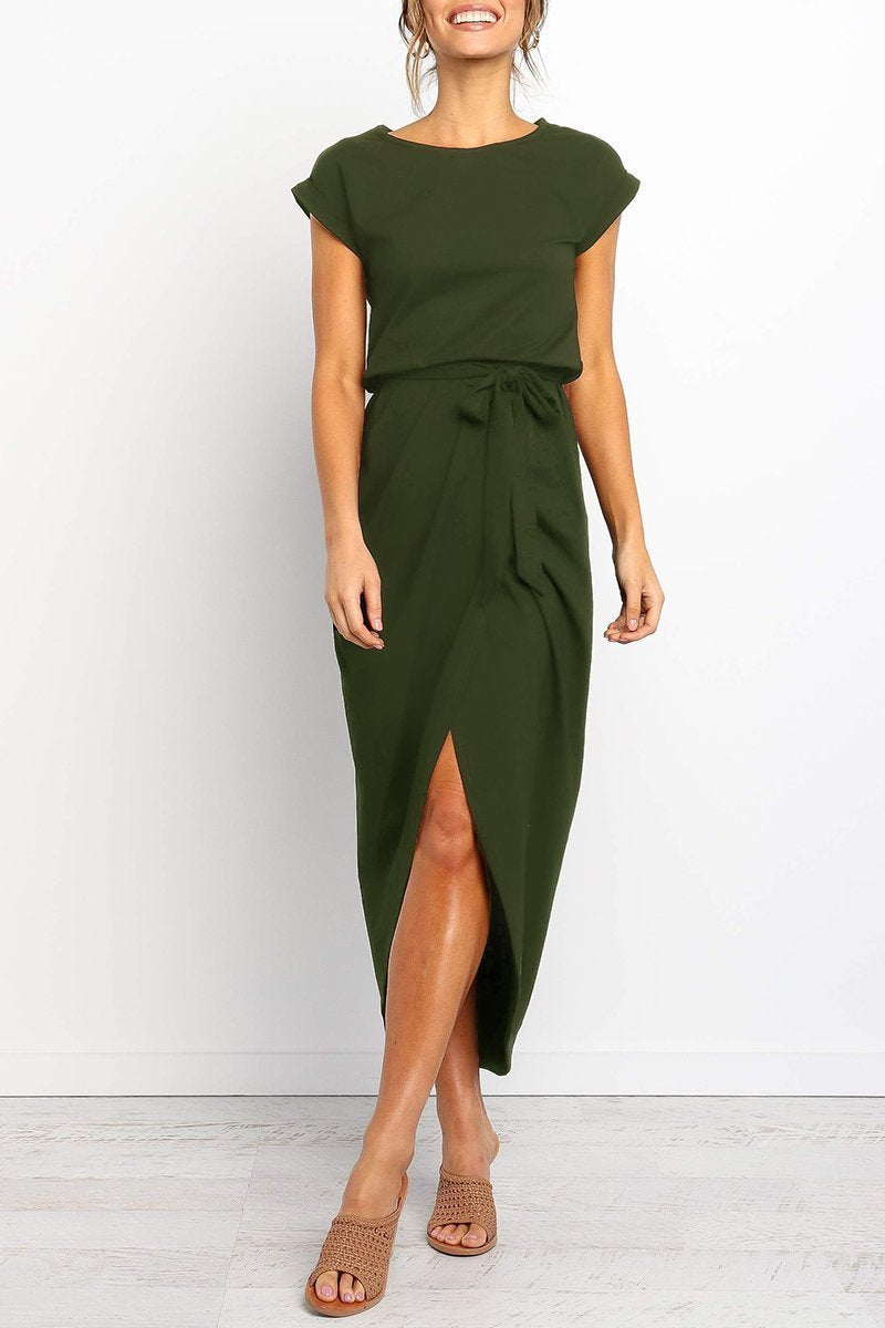 Short Sleeve Tie Waist Wrap Tulip Hem Midi Dress - View 14