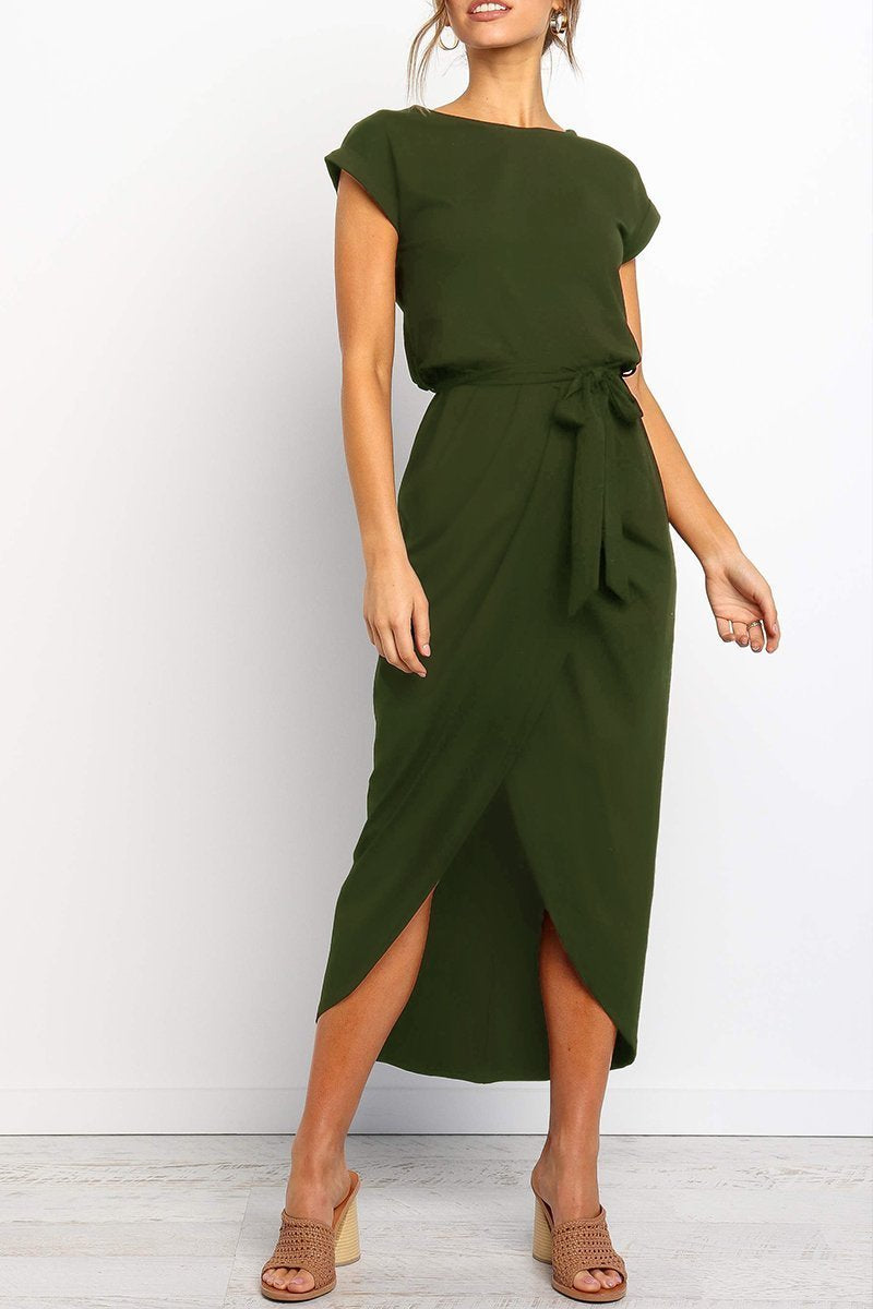 Short Sleeve Tie Waist Wrap Tulip Hem Midi Dress