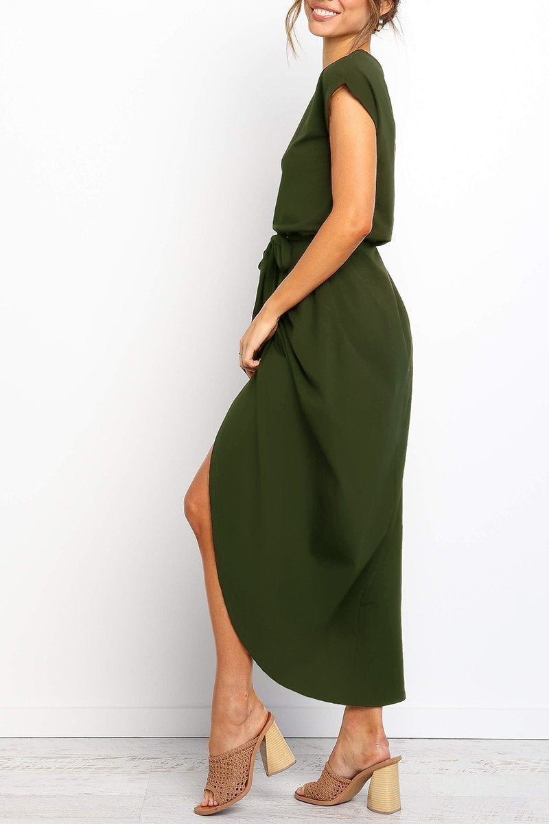 Short Sleeve Tie Waist Wrap Tulip Hem Midi Dress - View 4