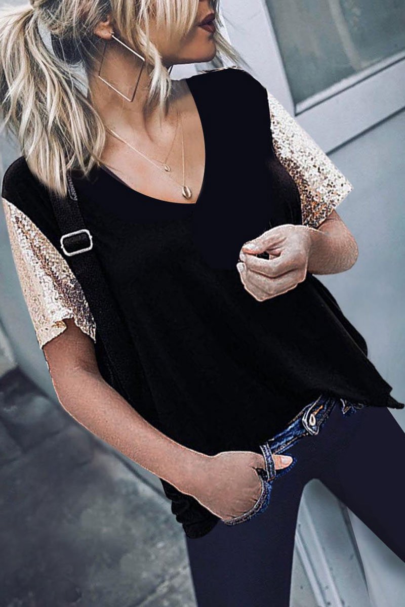 Florcoo Bling Patchwork Black T-shirt - Fashionpara