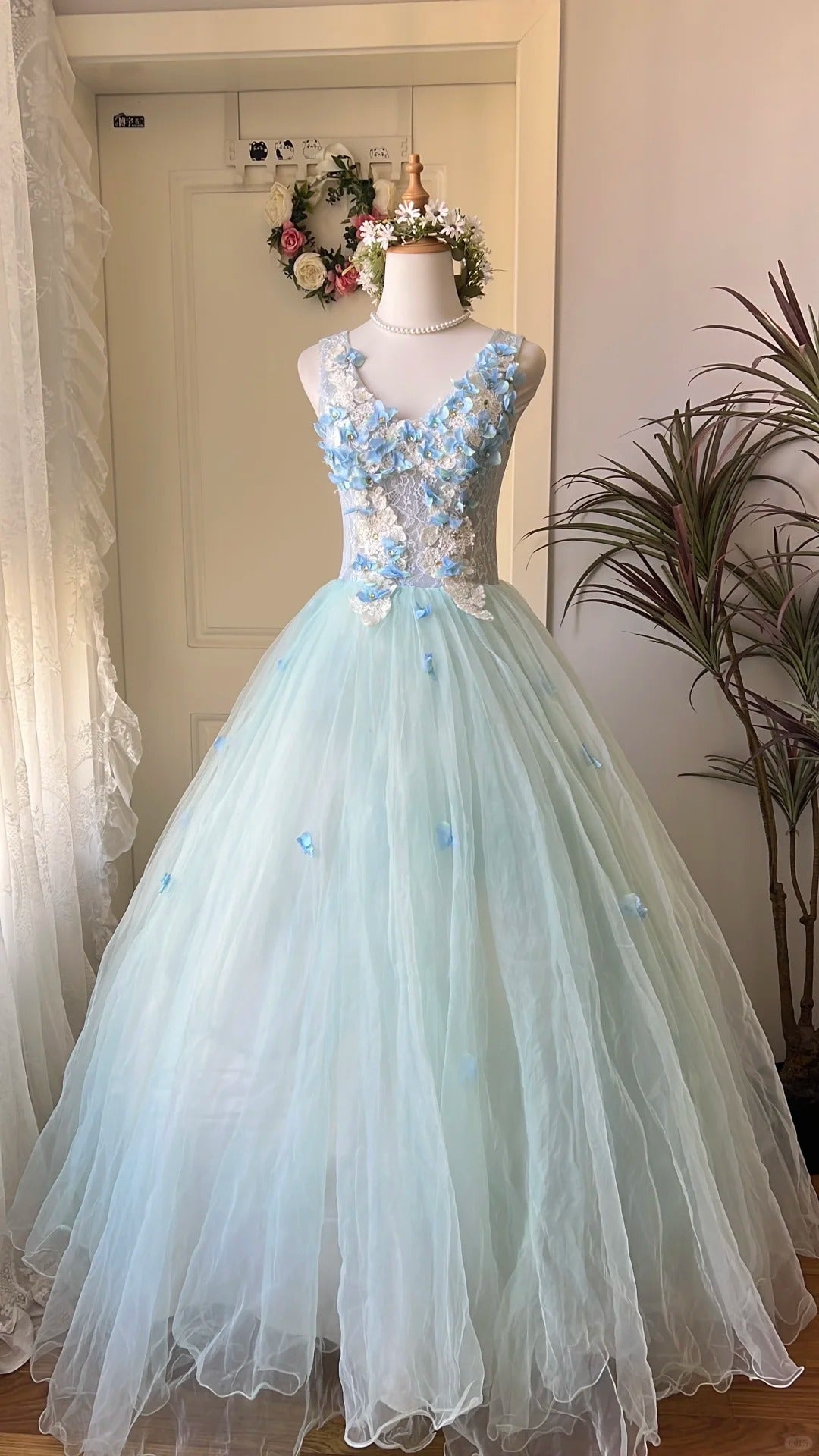 Dreamy Flower Fairy Light Blue 3D Floral V-Neck Tulle Ball Gown Evening Dress Wedding Dress P4202