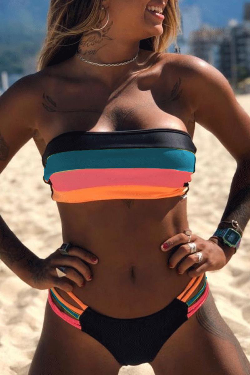 Florcoo Bandeau Rainbow Striped Bikini Set (3 Colors)