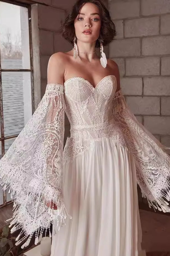 Boho Lace Off Shoulder Bell Sleeve Maxi Gown 2