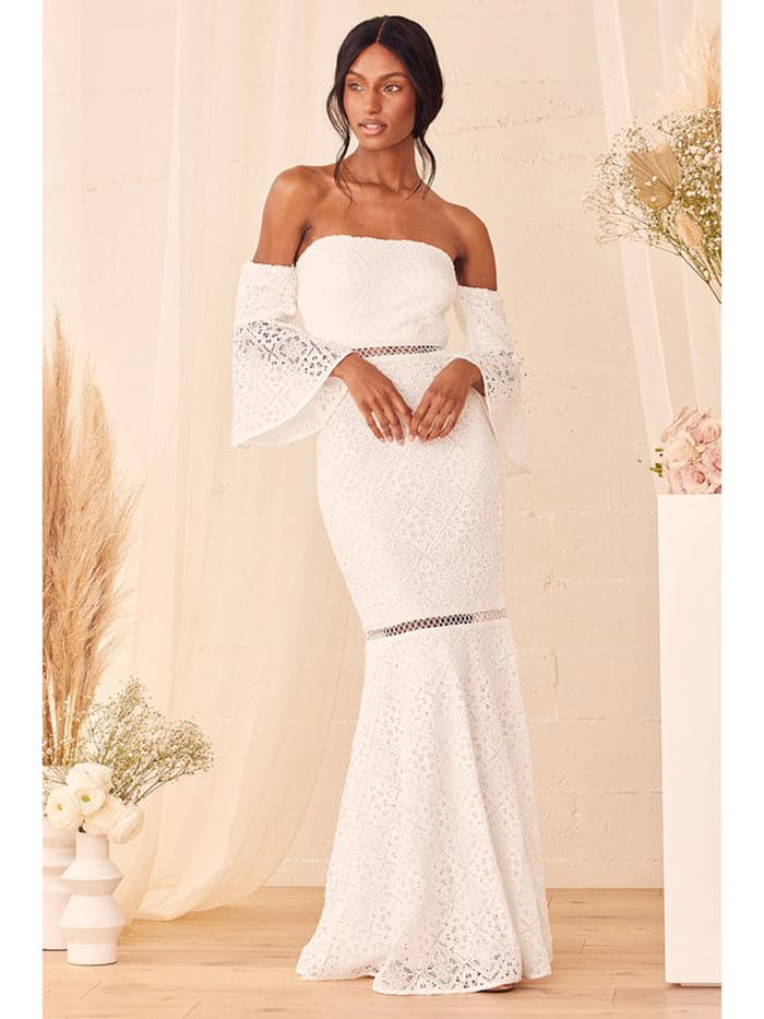 Off Shoulder Lace Bell Sleeve Mermaid Lace Trim Formal Gown