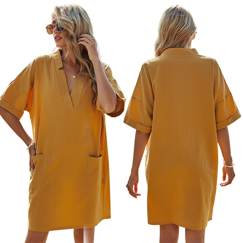 New Women's Solid Color V-neck Akimbo A-line Skirt Bag Casual Loose Short-Sleeved Dress - Fashionpara