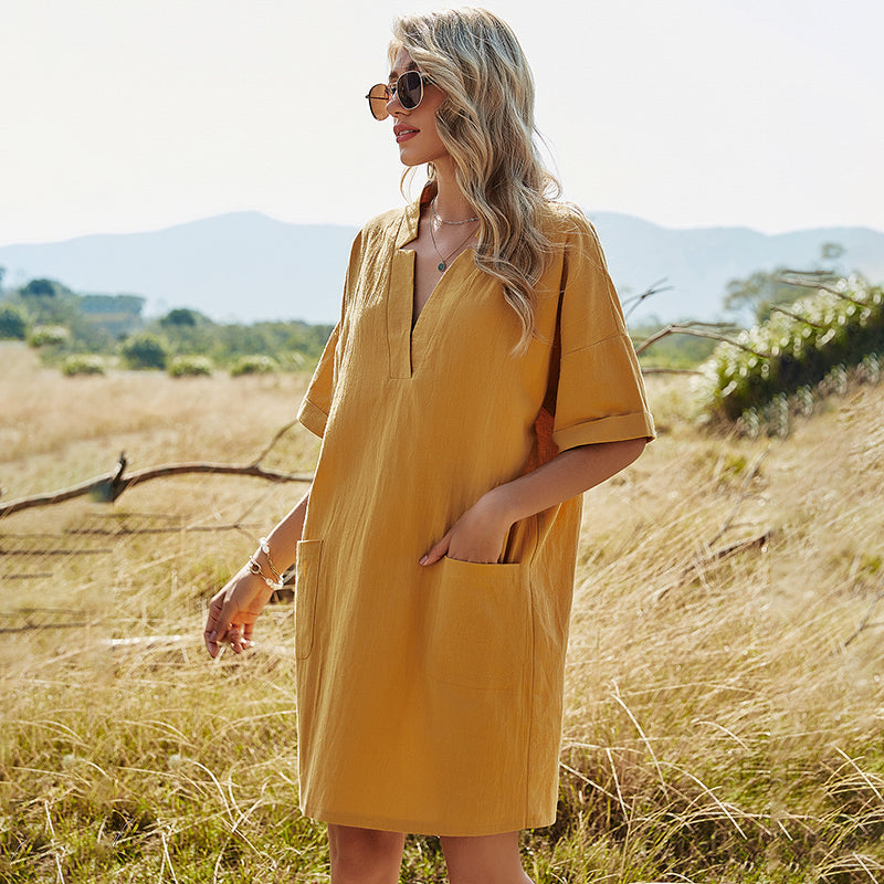 KittenAlarm - New Women's Solid Color V-neck Akimbo A-line Skirt Bag Casual Loose Short-Sleeved Dress