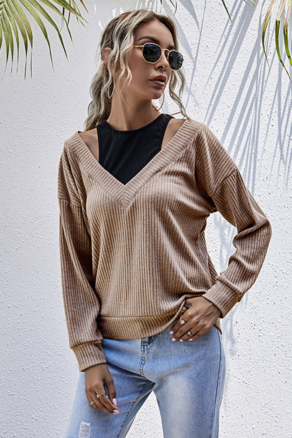 RadyRin Solid Color Knitted Sweater with Stylish Two-Piece Design