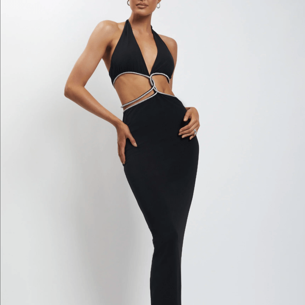 Diamante Rope Twist Halter Plunge Bodycon Maxi Dress 6