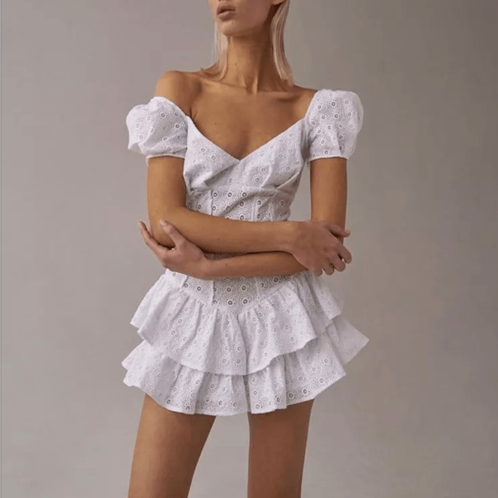 Broderie Anglaise Puff-Sleeve Corset Tiered Ruffle Mini Dress 6