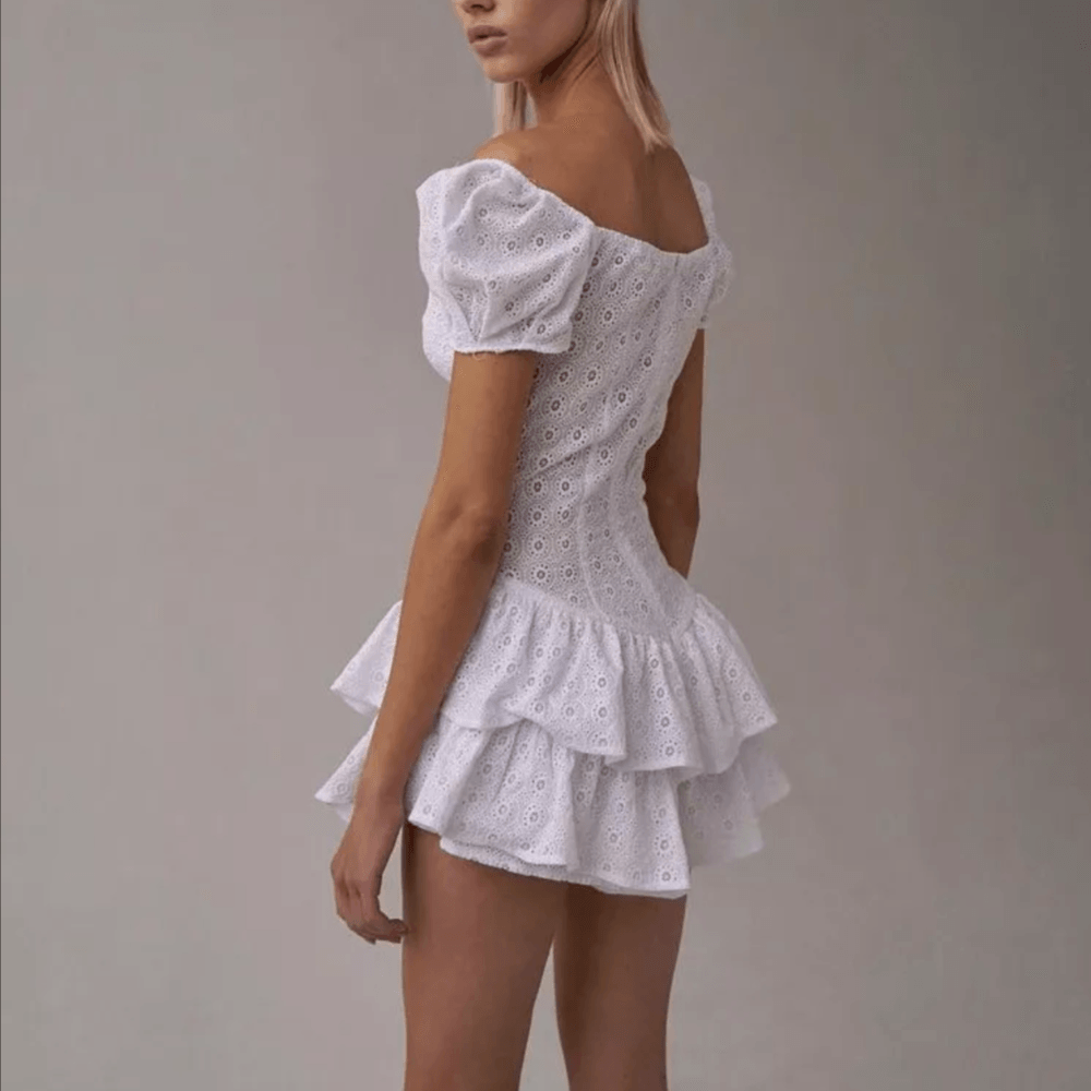 Broderie Anglaise Puff-Sleeve Corset Tiered Ruffle Mini Dress 7