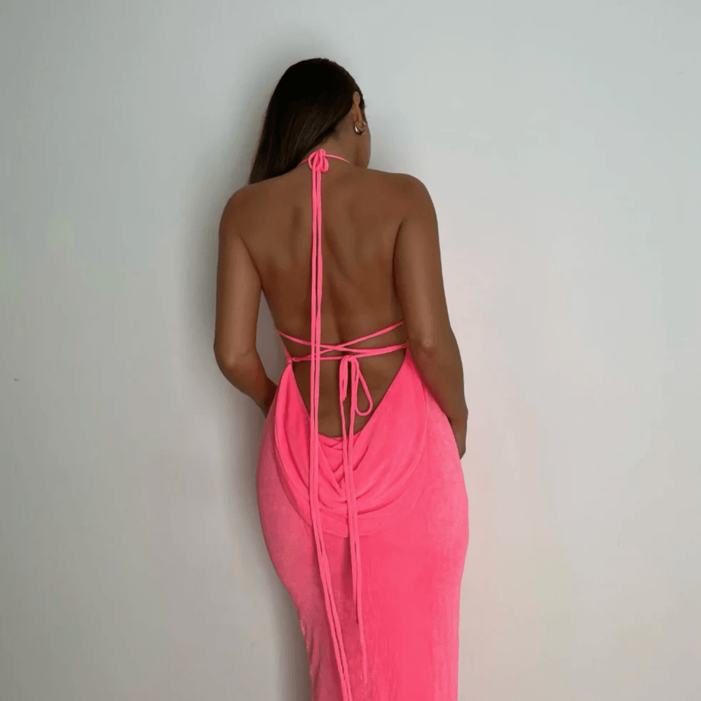 Halter Neck Open-Back Draped Cowl Maxi Dress