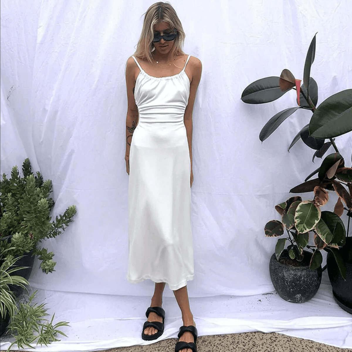 Cut-Out Ruched Backless Satin Slip Midi Dress 5