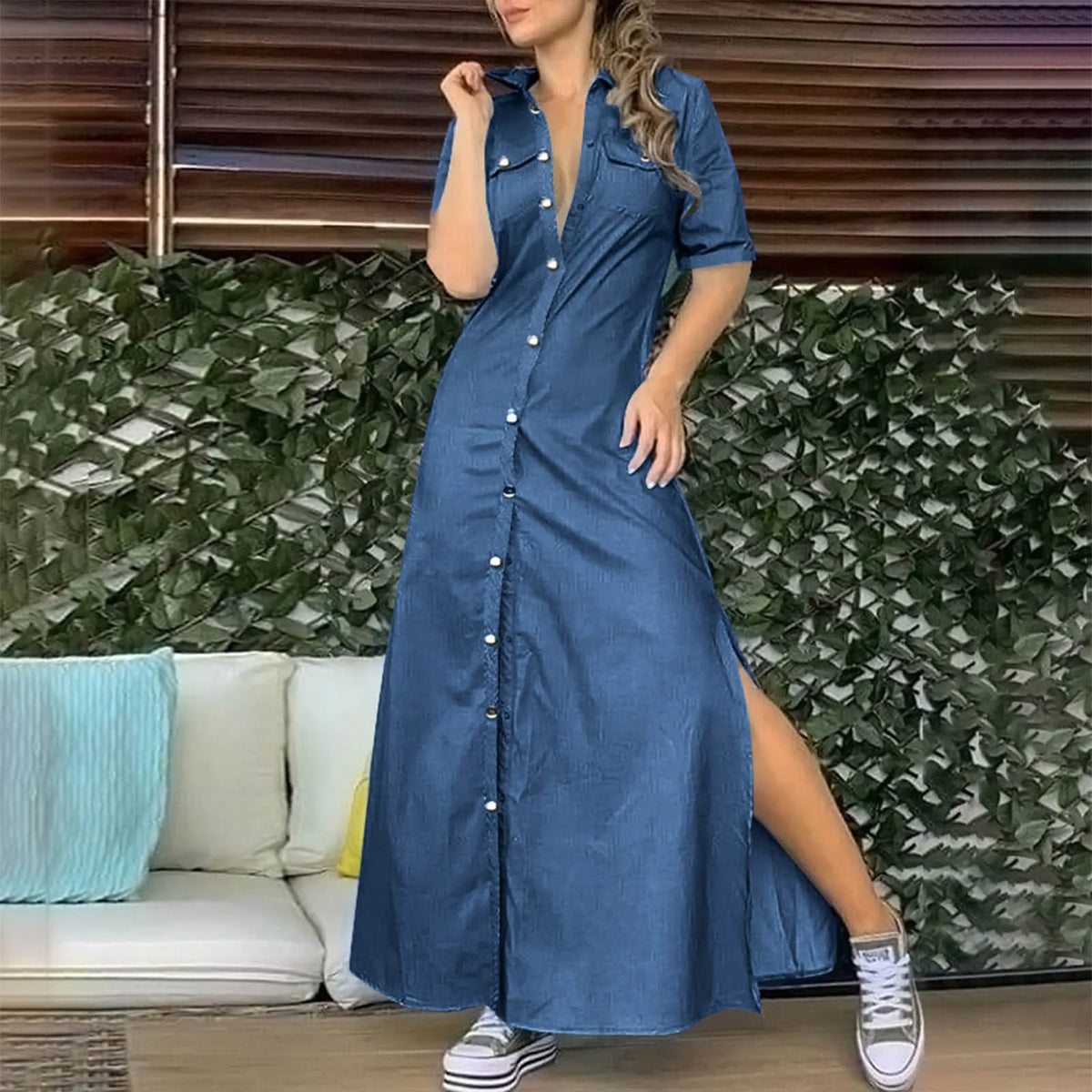 Denim Collared Button-Front Half Sleeve Slit Maxi Dress