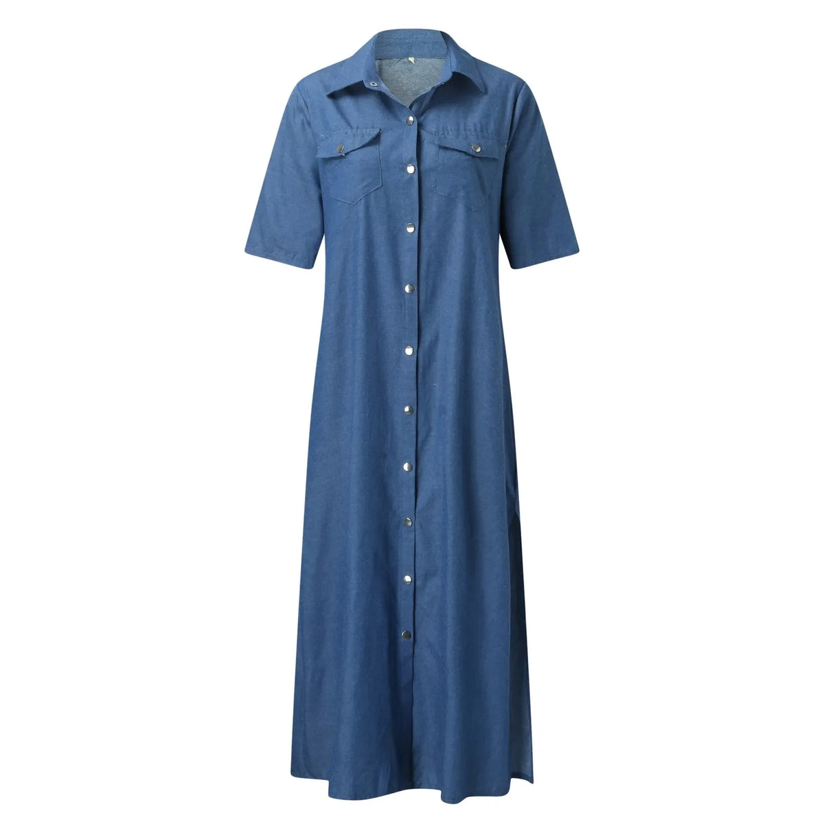 Denim Collared Button-Front Half Sleeve Slit Maxi Dress 5
