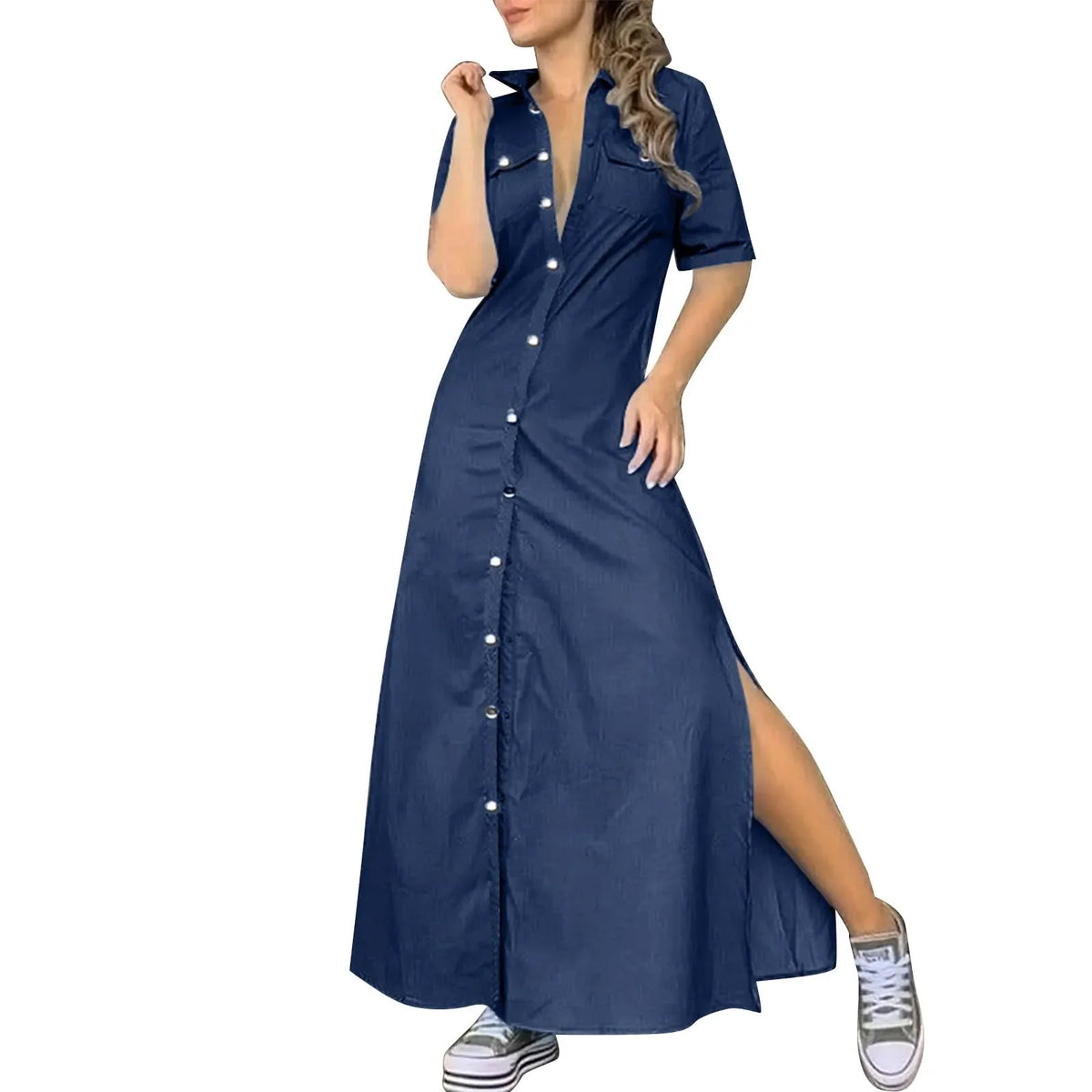 Denim Collared Button-Front Half Sleeve Slit Maxi Dress 4