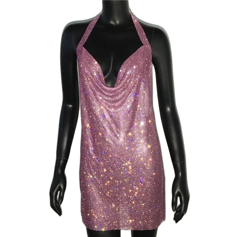 Rhinestone Diamante Backless Split Dresses 9