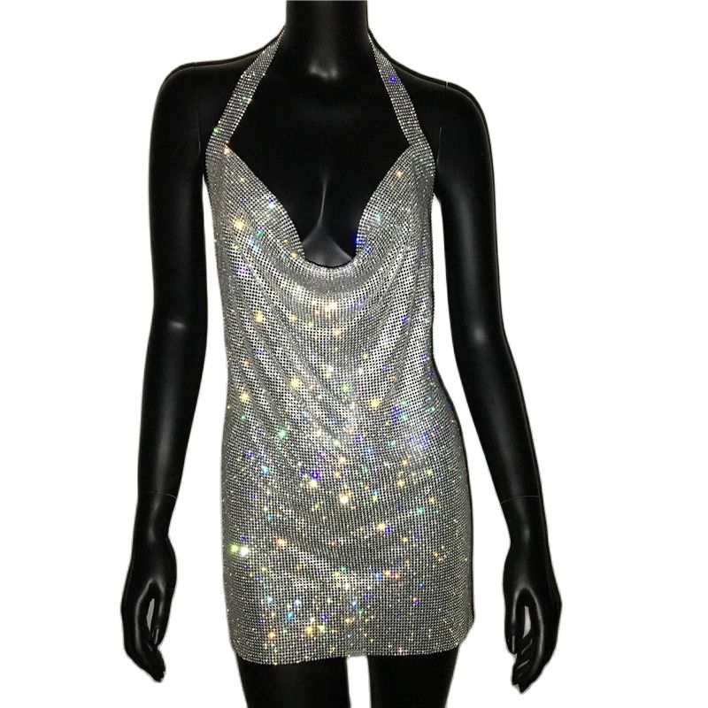 Rhinestone Diamante Backless Split Dresses 11