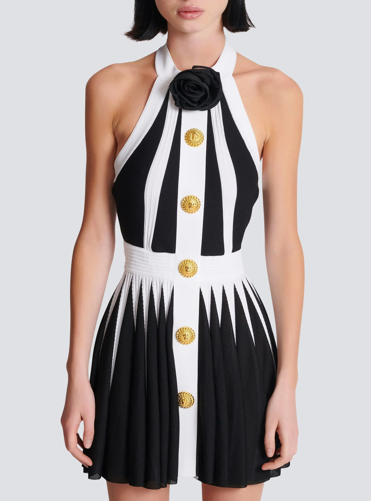 Striped Halter Rosette Gold-Button Pleated Mini Dress
