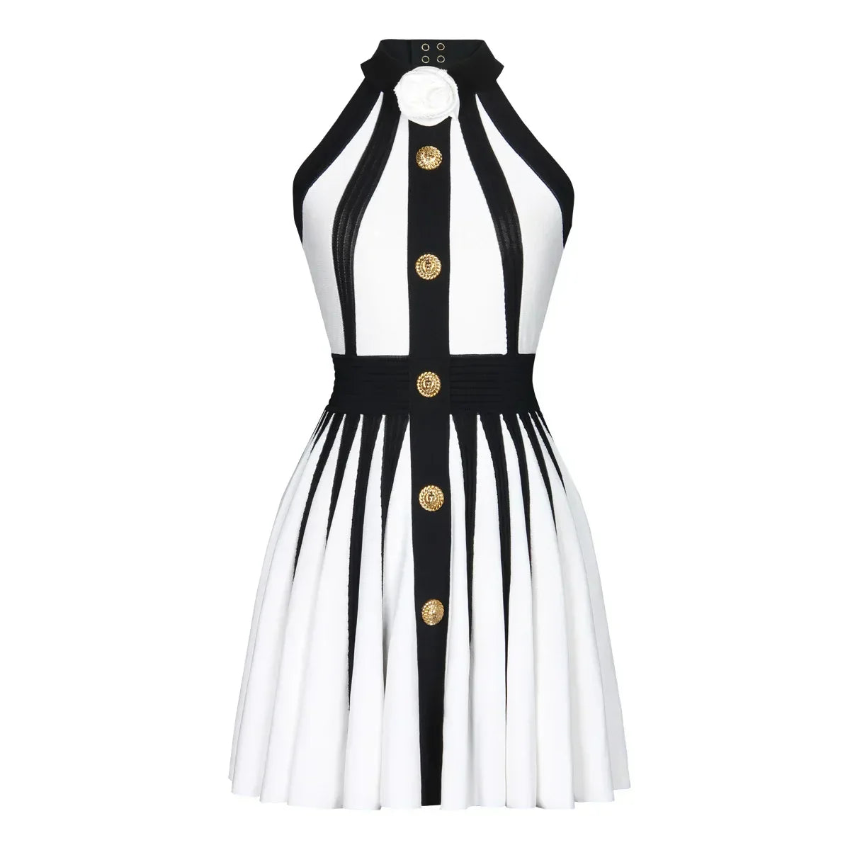 Striped Halter Rosette Gold-Button Pleated Mini Dress 4