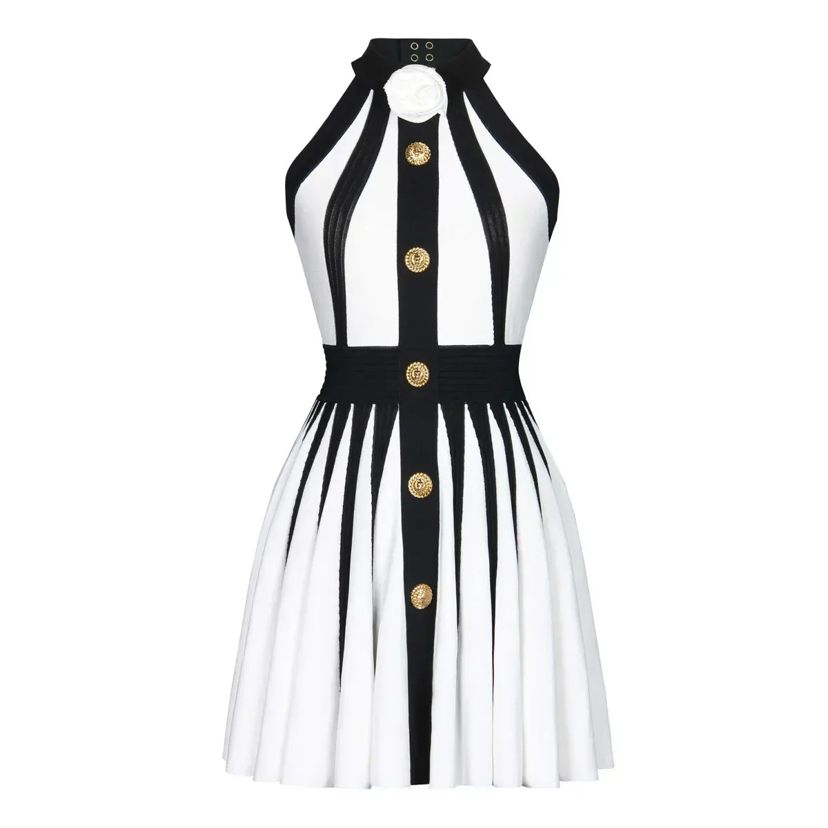 Golden Buttons Patchwork Party Dress White / Xs Partydress-241208