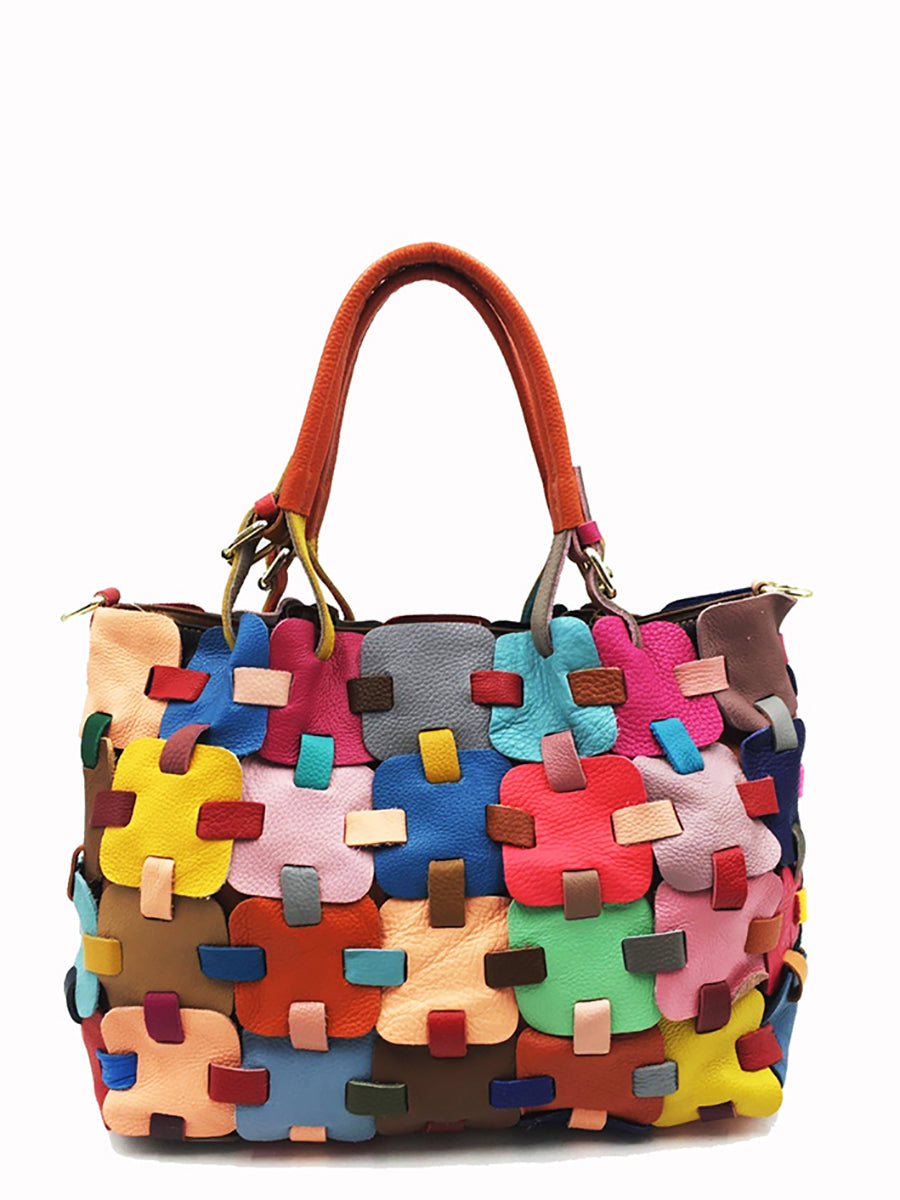 Fashion Genuine Leather Plaid Spliced Handbag