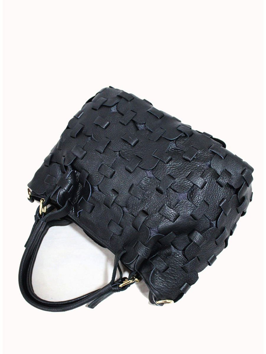 Fashion Genuine Leather Plaid Spliced Handbag