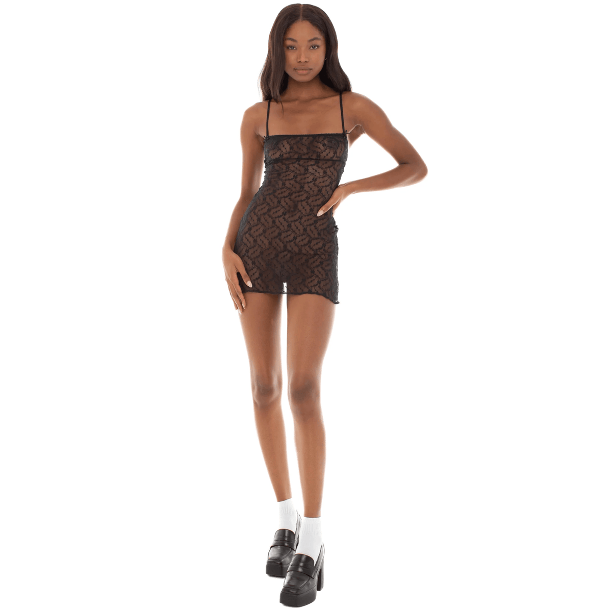 Floral Lace Spaghetti Strap High Split Slip Mini Dress - View 14