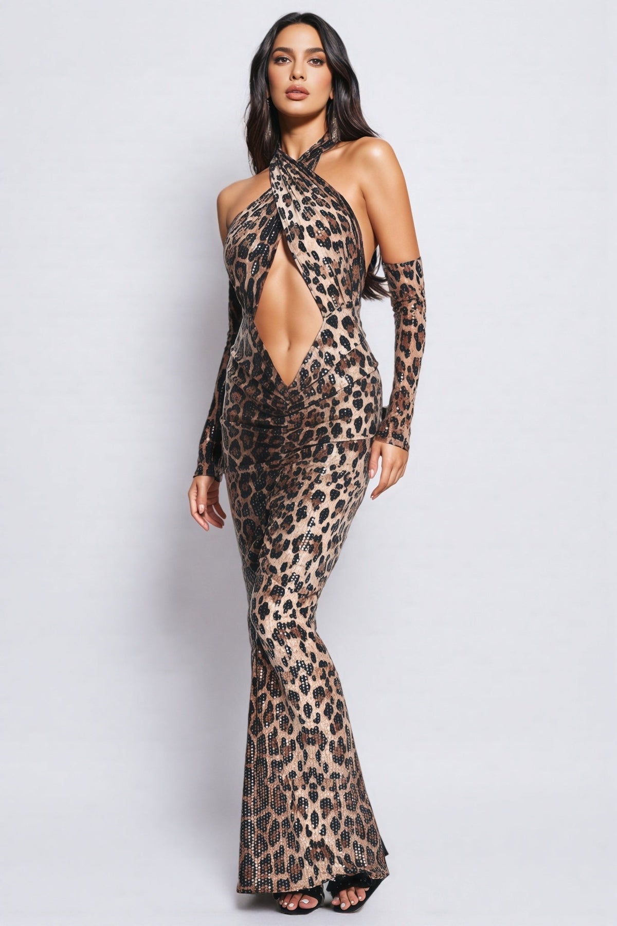 Leopard Sequin Halter Neck Cut Out Mermaid Maxi Dress