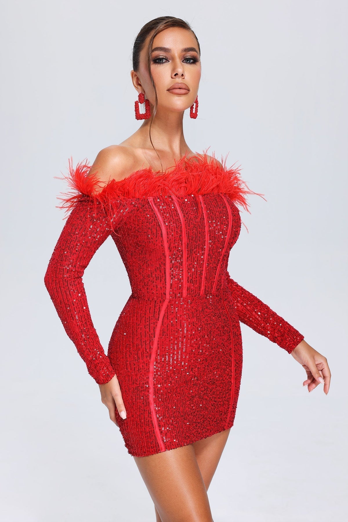 Sequin Off Shoulder Long Sleeve Feather Trim Bodycon Mini Dress - View 4