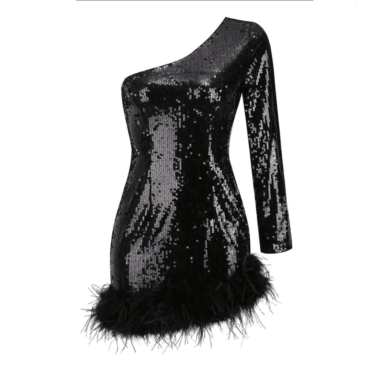 Sequin One Shoulder Long Sleeve Feather Hem Mini Dress 10