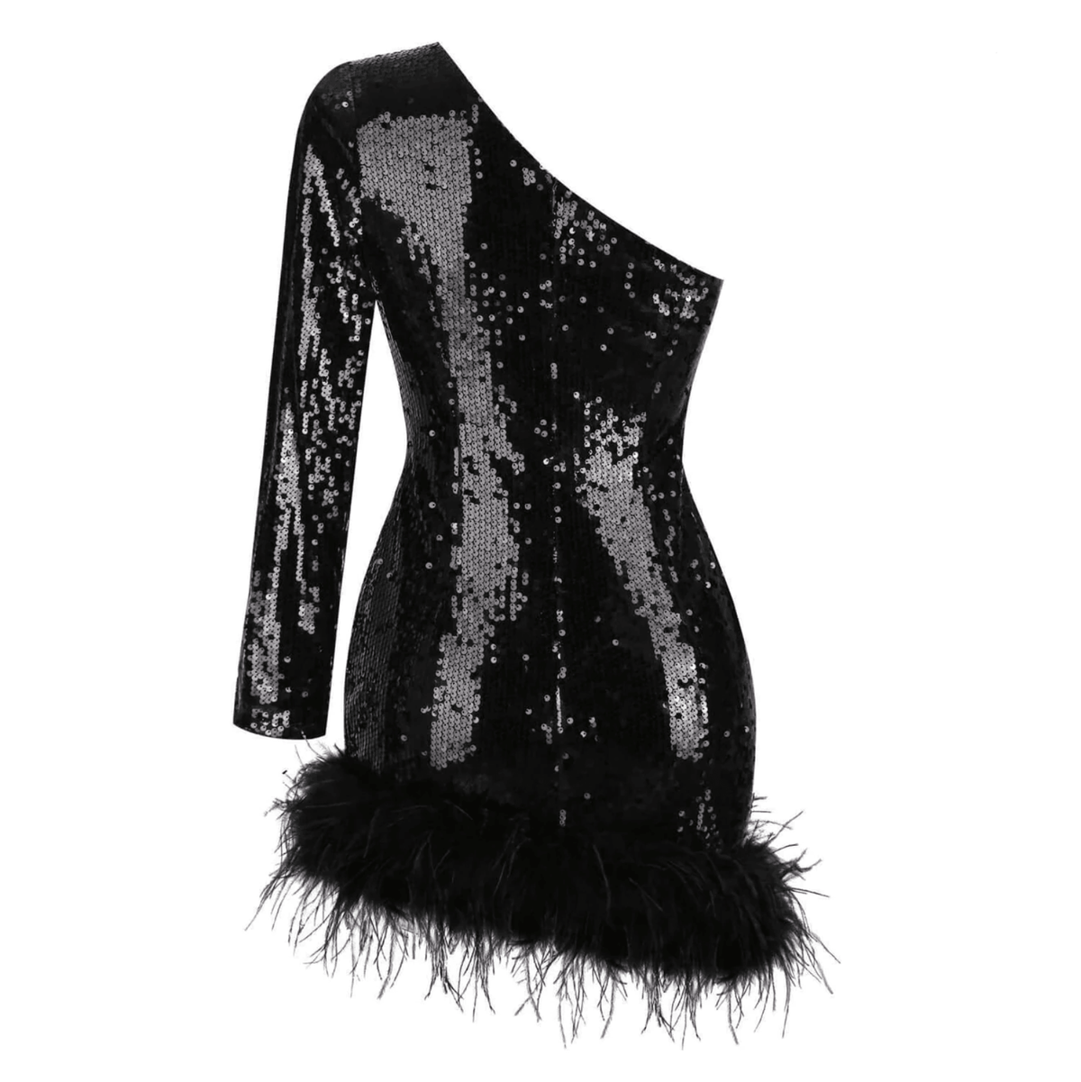 Sequin One Shoulder Long Sleeve Feather Hem Bodycon Mini Party Dress - View 11