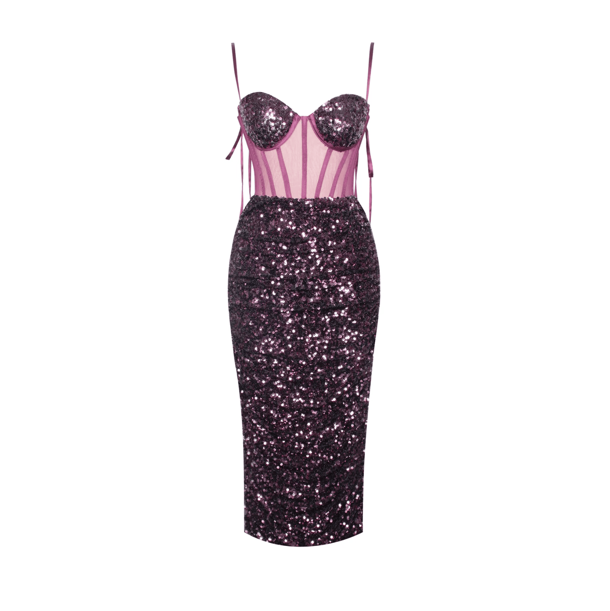 Sequin Spaghetti Strap Bustier Corset Ruched Bodycon Midi Dress - View 10