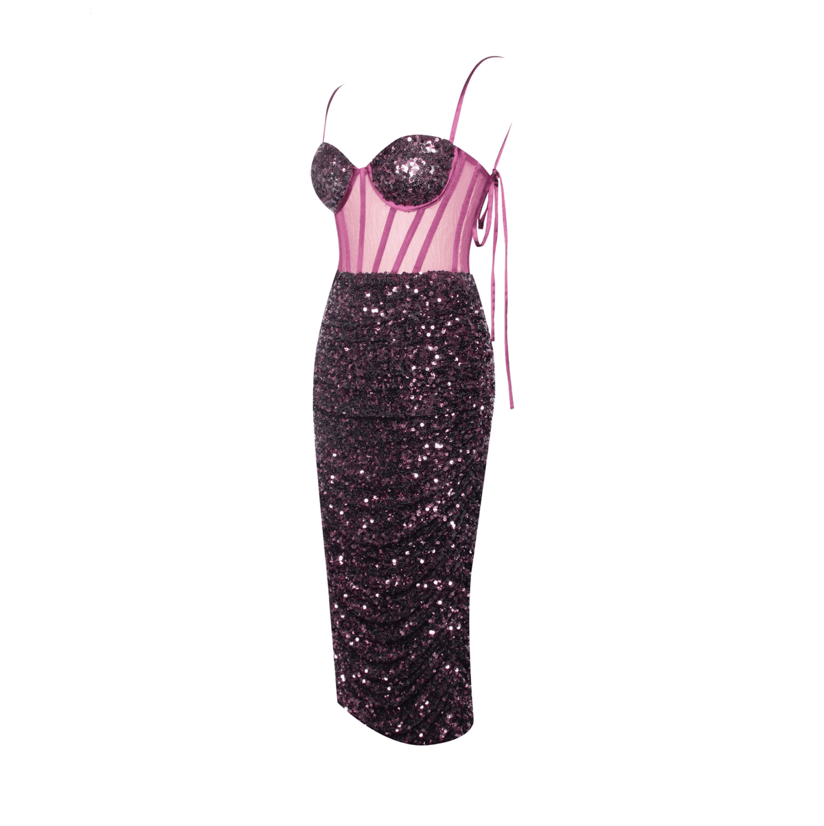 Sequin Spaghetti Strap Bustier Corset Ruched Bodycon Midi Dress - View 11