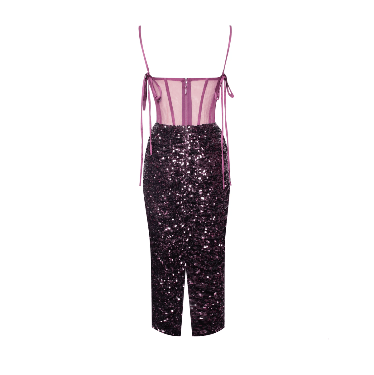 Sequin Spaghetti Strap Bustier Corset Ruched Bodycon Midi Dress - View 12