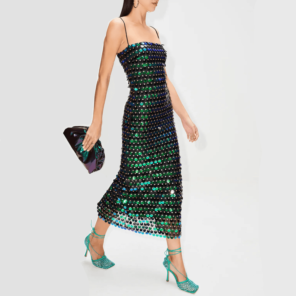 Paillette Sequin Square Neck Strappy Straight Midi Dress