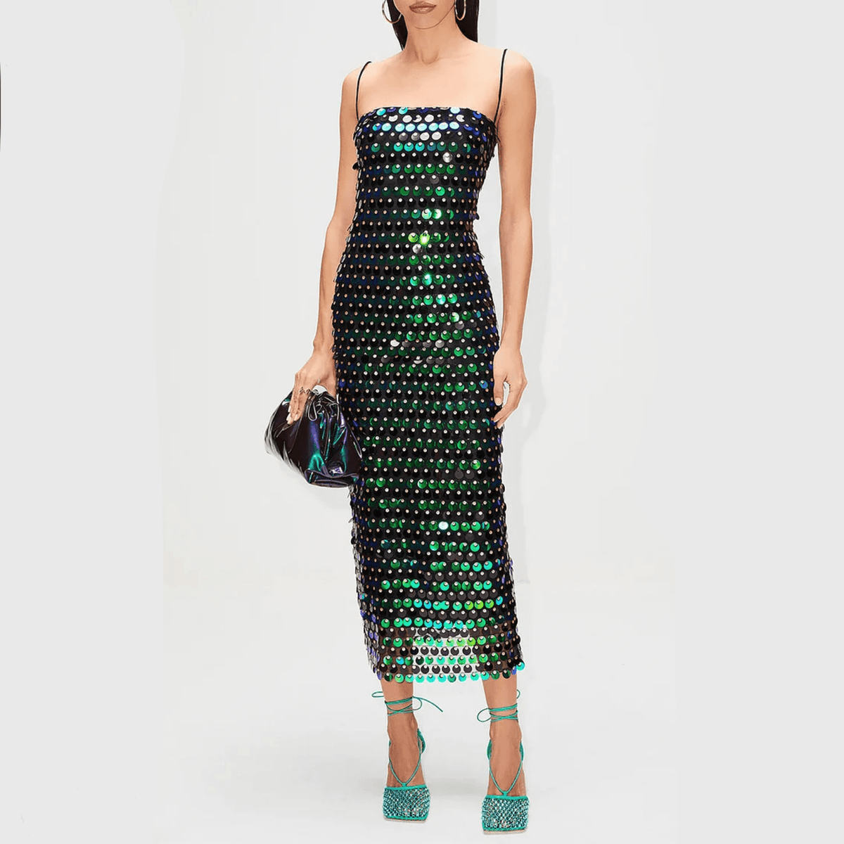 Paillette Sequin Square Neck Strappy Straight Midi Dress 9